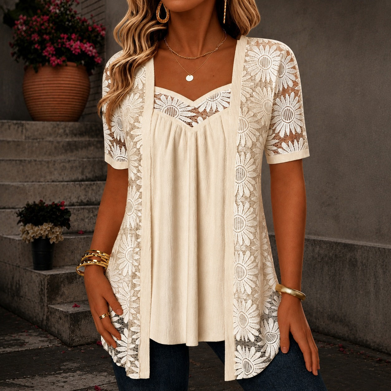Nadia™ Bluse aus Leinenmischgewebe mit Lagenlook und Spitze