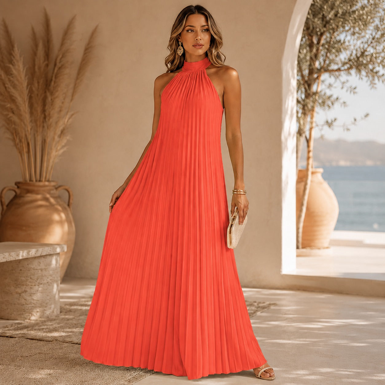 Sicilia™ Maxikleid mit Eleganten Plisseefalten und Ärmellosem Stehkragen