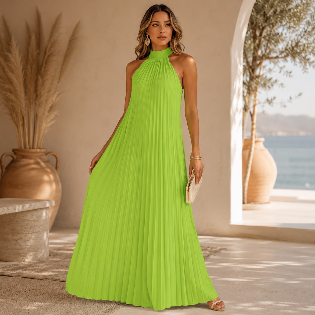 Sicilia™ Maxikleid mit Eleganten Plisseefalten und Ärmellosem Stehkragen