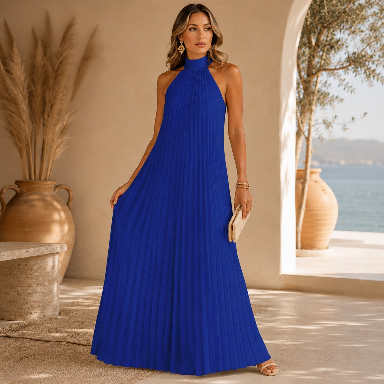 Sicilia™ Maxikleid mit Eleganten Plisseefalten und Ärmellosem Stehkragen