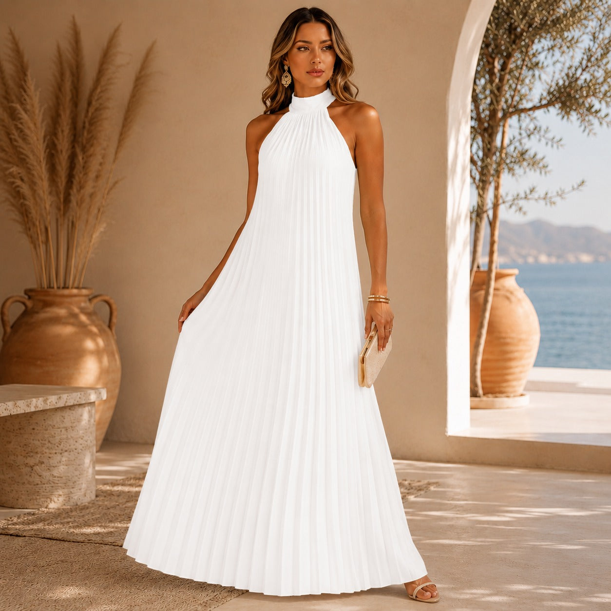 Sicilia™ Maxikleid mit Eleganten Plisseefalten und Ärmellosem Stehkragen
