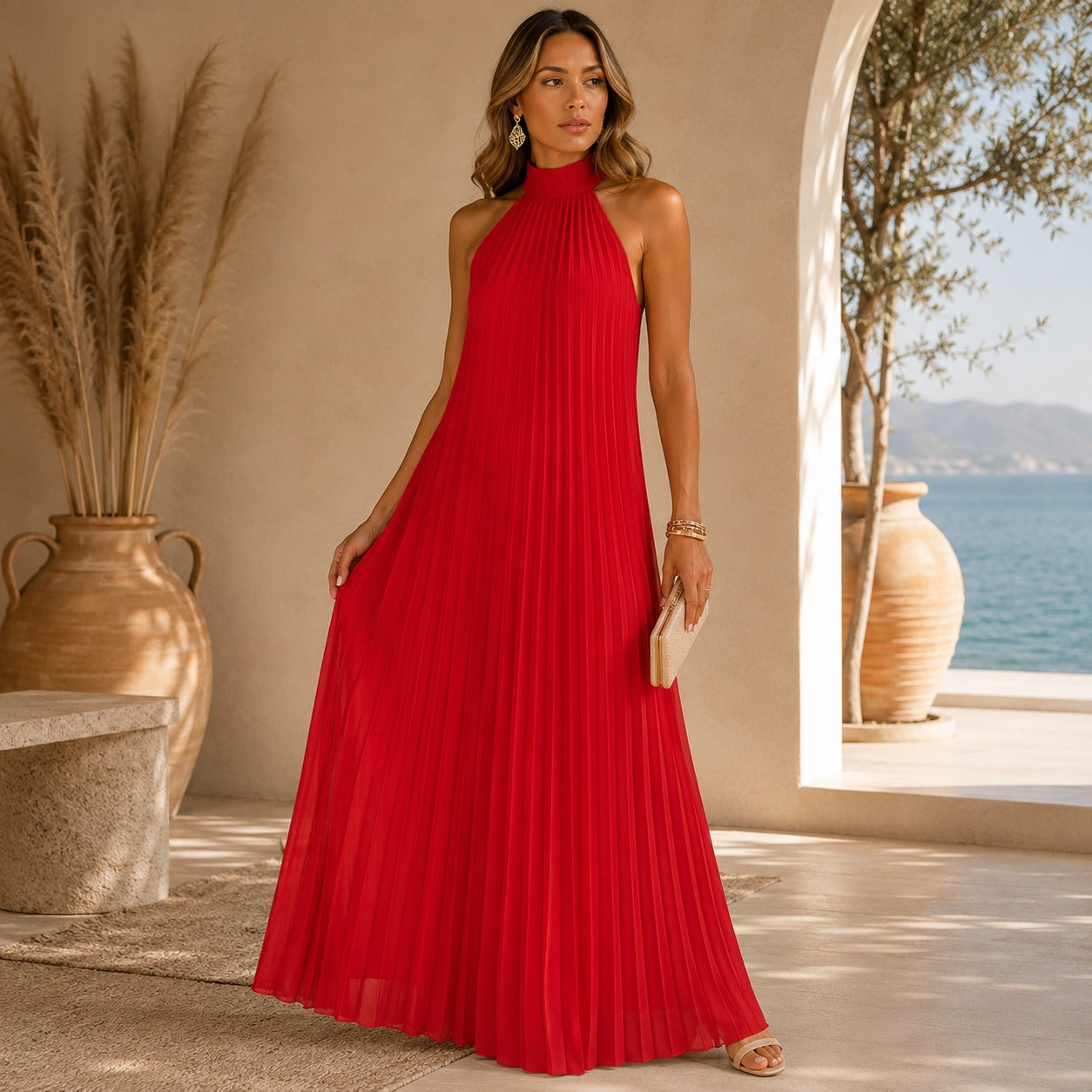 Sicilia™ Maxikleid mit Eleganten Plisseefalten und Ärmellosem Stehkragen