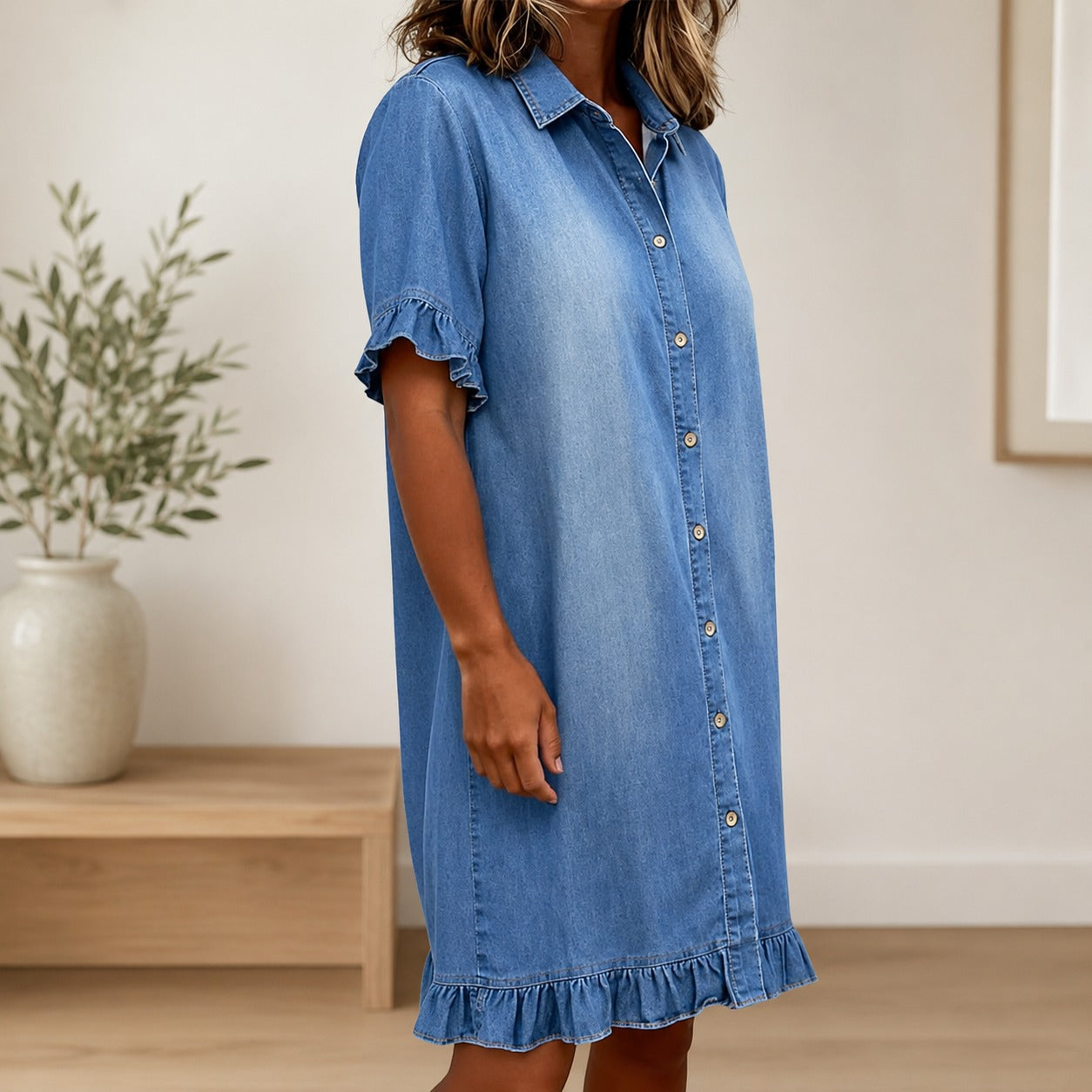 Hemdblusenkleid Marla™ aus Leichtem Denim mit Klassischem Kragen und Volantärmeln
