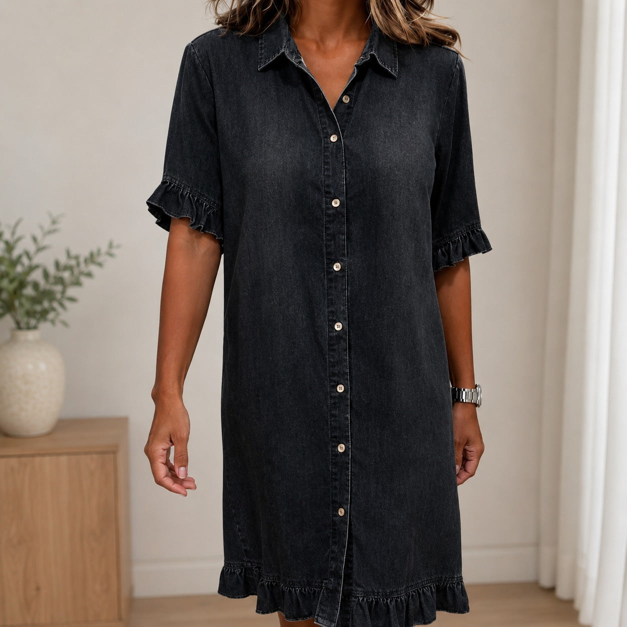 Hemdblusenkleid Marla™ aus Leichtem Denim mit Klassischem Kragen und Volantärmeln