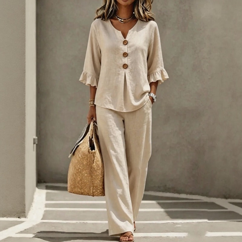 Carmelle™ Set Mit Button-Up-Bluse, Rüschenärmeln Und Palazzo-Hose