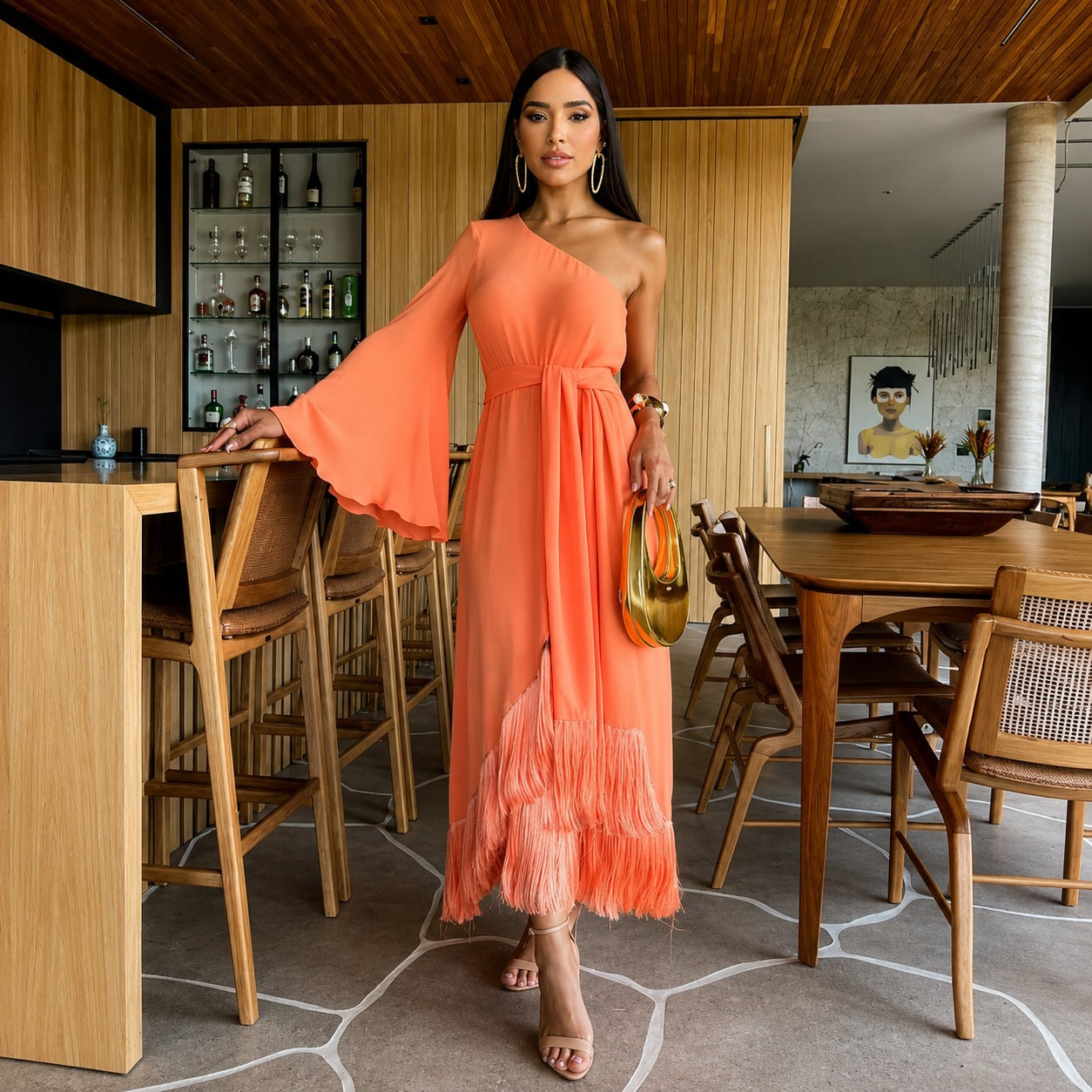 Kleid Selma™ mit One-Shoulder-Schnitt, weitem Ärmel und Volantsaum