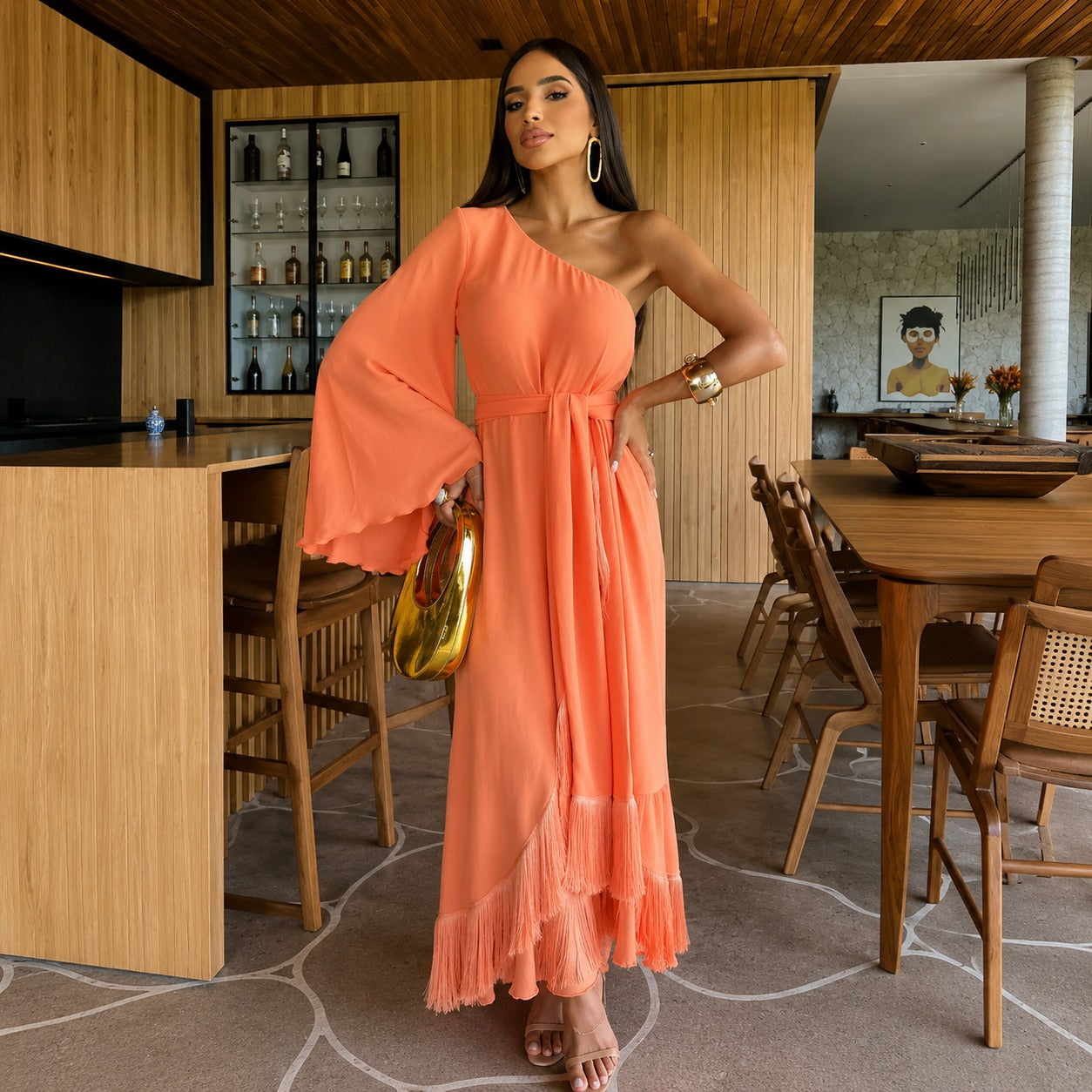 Kleid Selma™ mit One-Shoulder-Schnitt, weitem Ärmel und Volantsaum