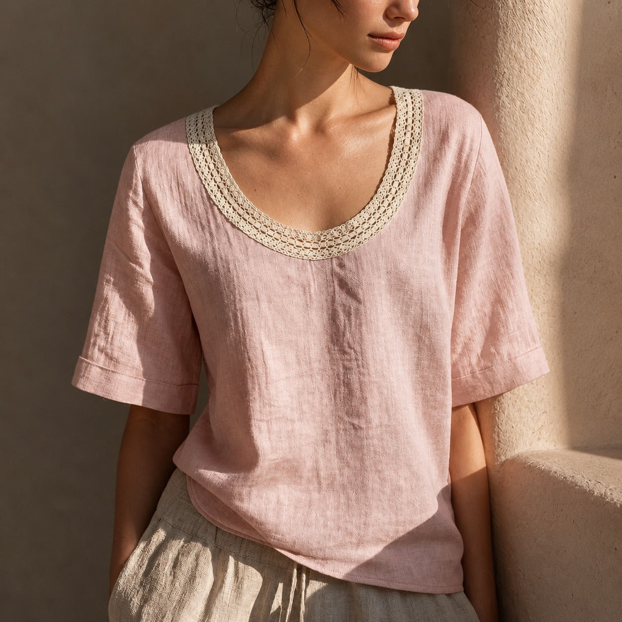 Bluse Alma™ mit Leinen-Baumwoll-Mix und Häkel-Ausschnitt