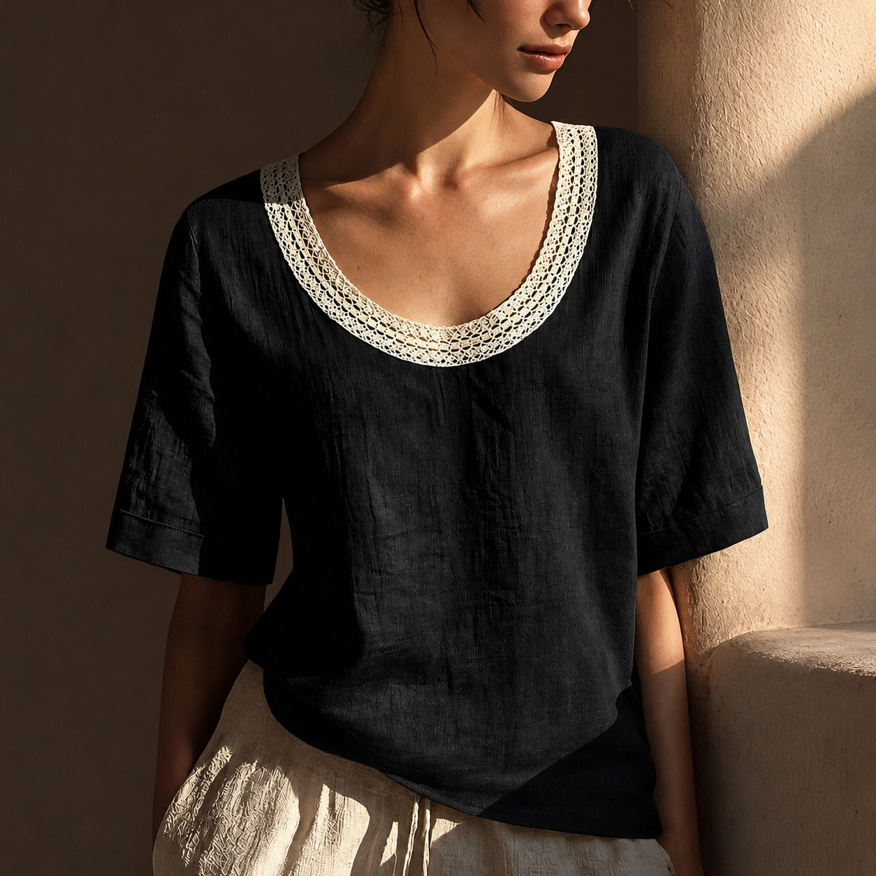 Bluse Alma™ mit Leinen-Baumwoll-Mix und Häkel-Ausschnitt