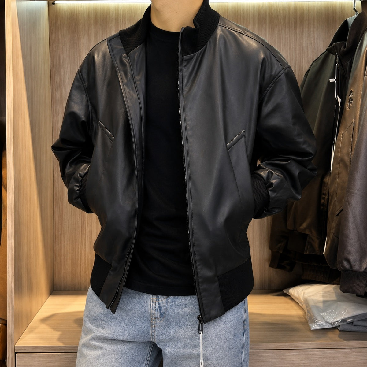 Bomberjacke Felix™ aus Leder mit Rippkragen und Rippbündchen