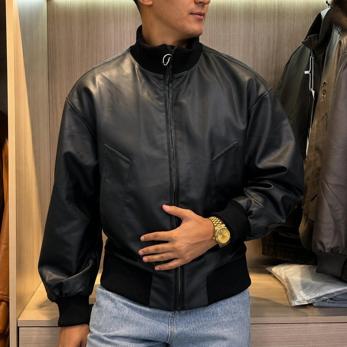Bomberjacke Felix™ aus Leder mit Rippkragen und Rippbündchen