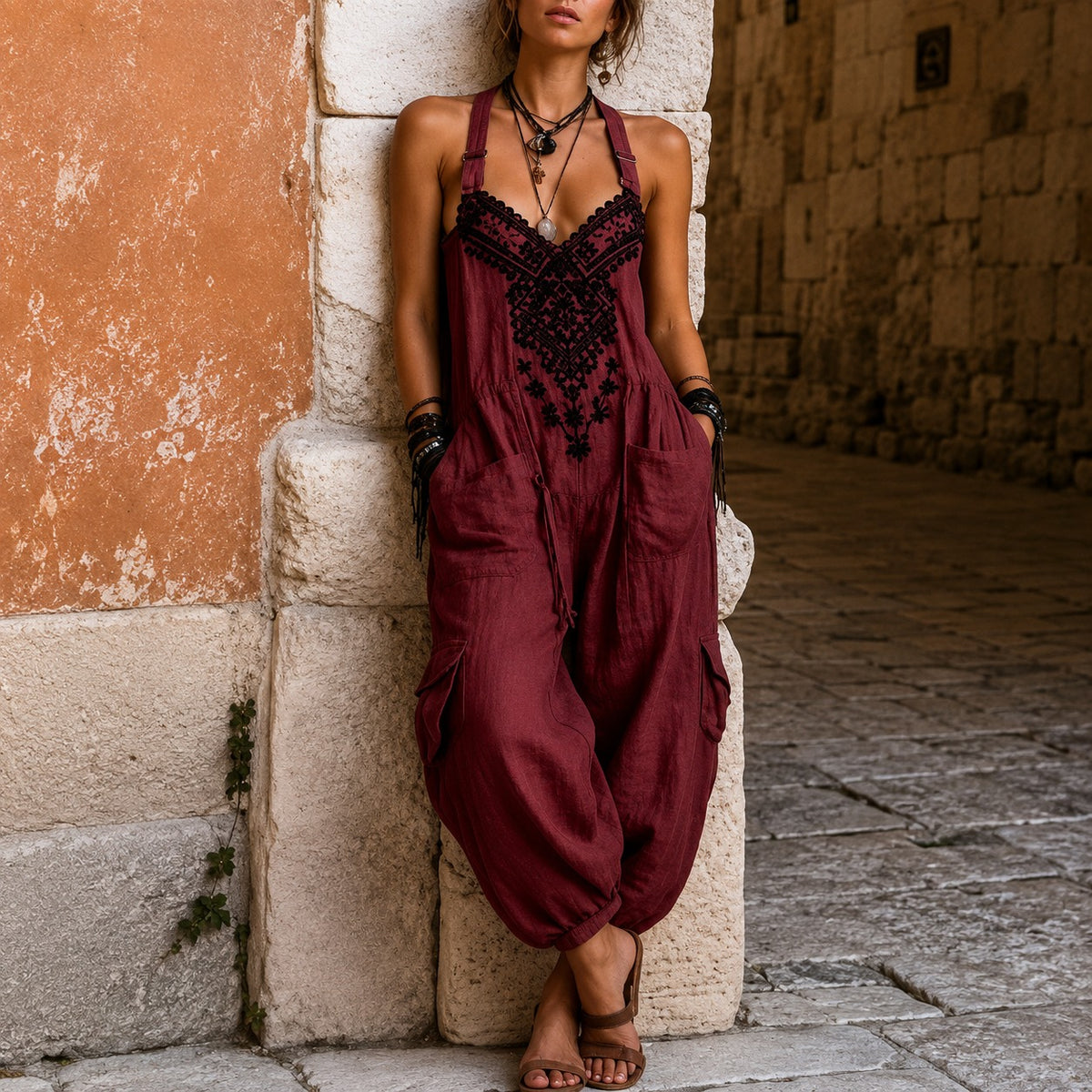 Overall Martha™ mit ornamentaler Stickerei, V-Ausschnitt und weitem Schnitt