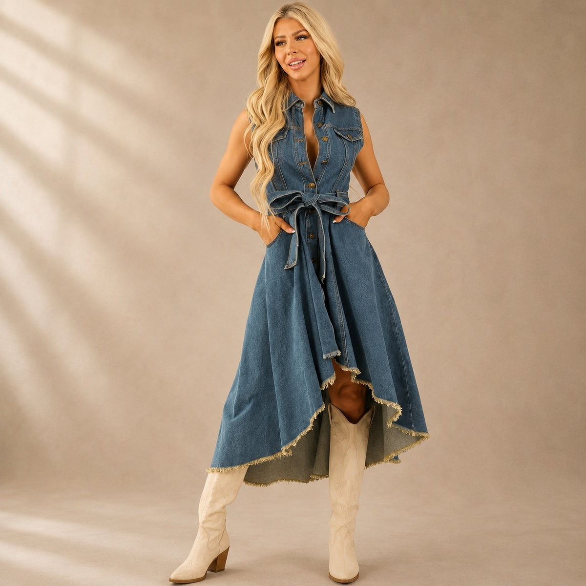 Kleid Talea™ aus Denim mit Bindegürtel, Knopfleiste und High-Low-Saum