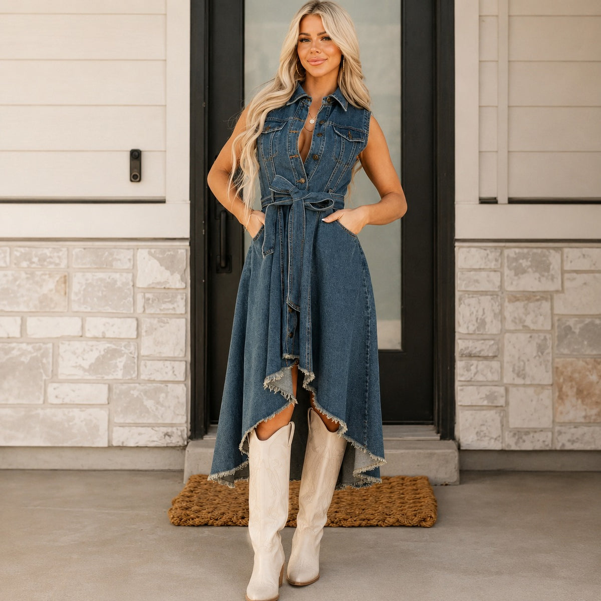 Kleid Talea™ aus Denim mit Bindegürtel, Knopfleiste und High-Low-Saum