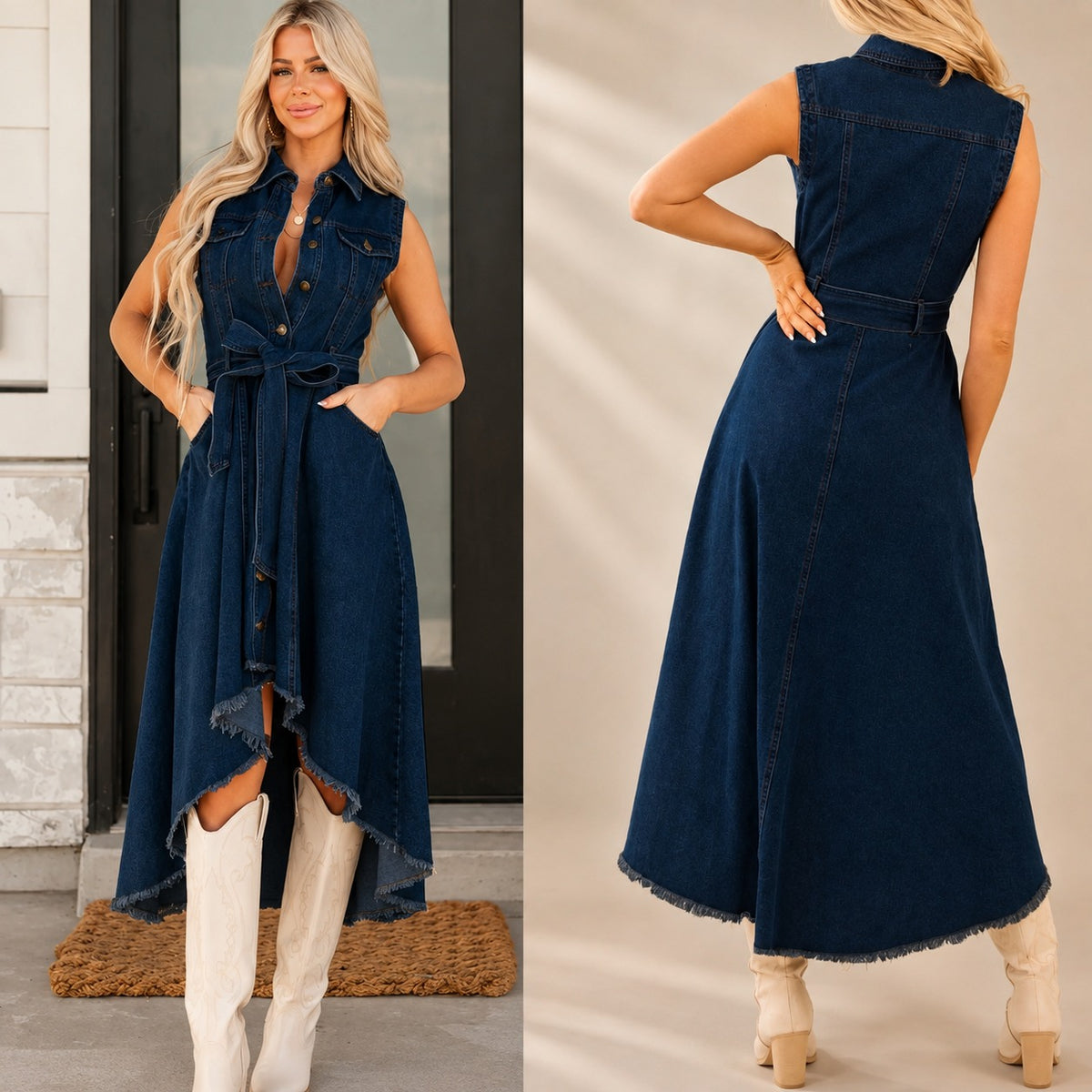 Kleid Talea™ aus Denim mit Bindegürtel, Knopfleiste und High-Low-Saum