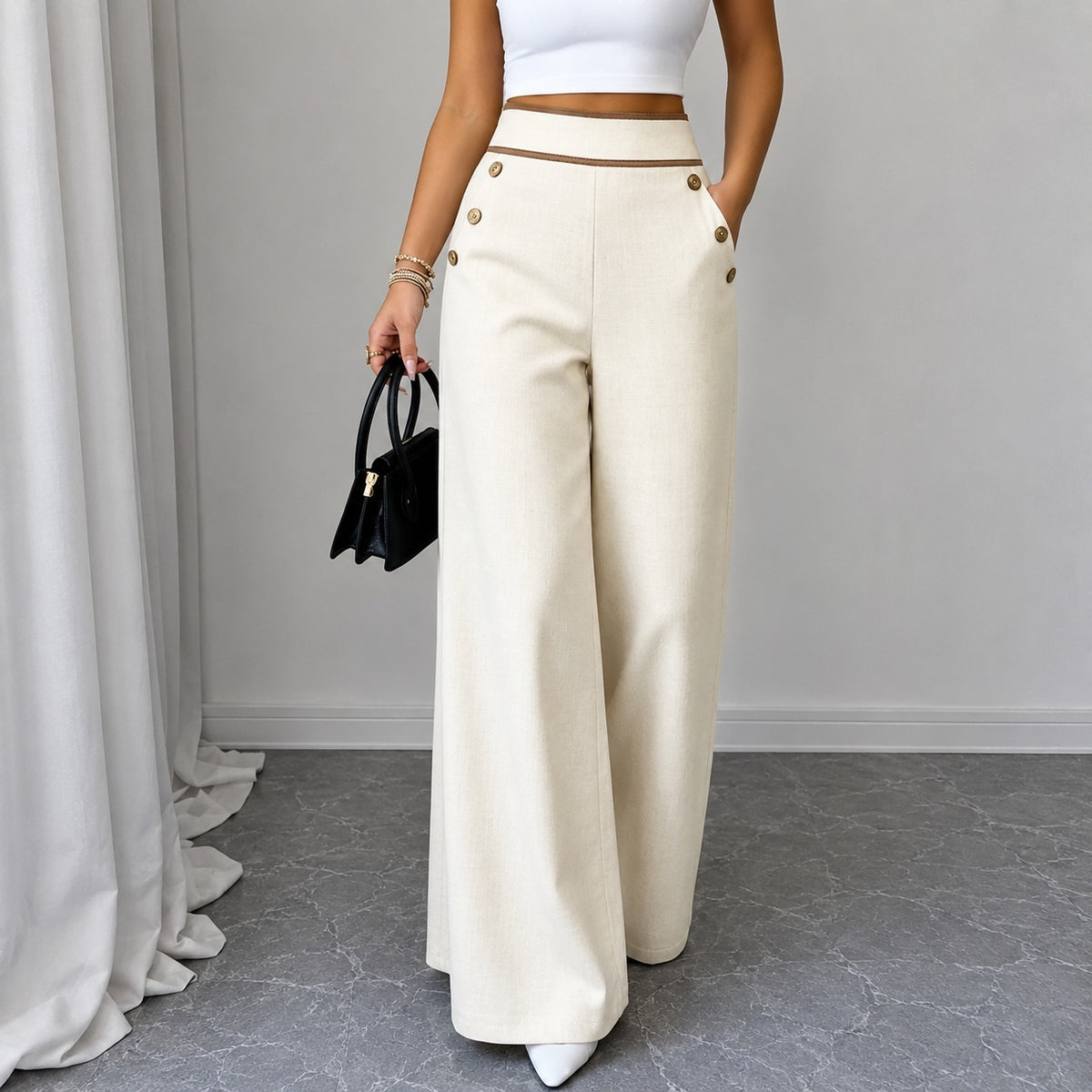 Hose Marlene™ mit Hoher Taille, Kontrastpaspel und Weitem Schnitt