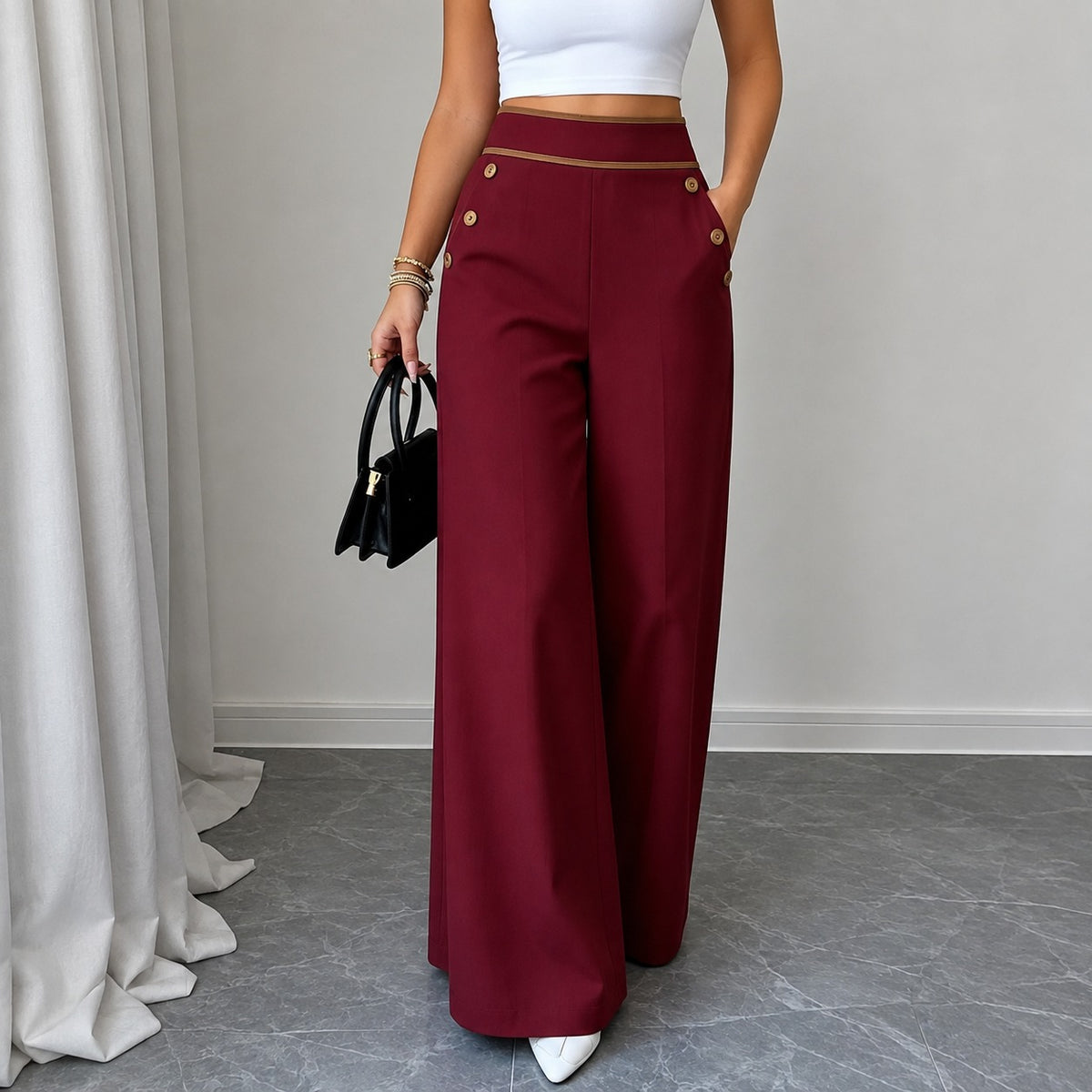 Hose Marlene™ mit Hoher Taille, Kontrastpaspel und Weitem Schnitt