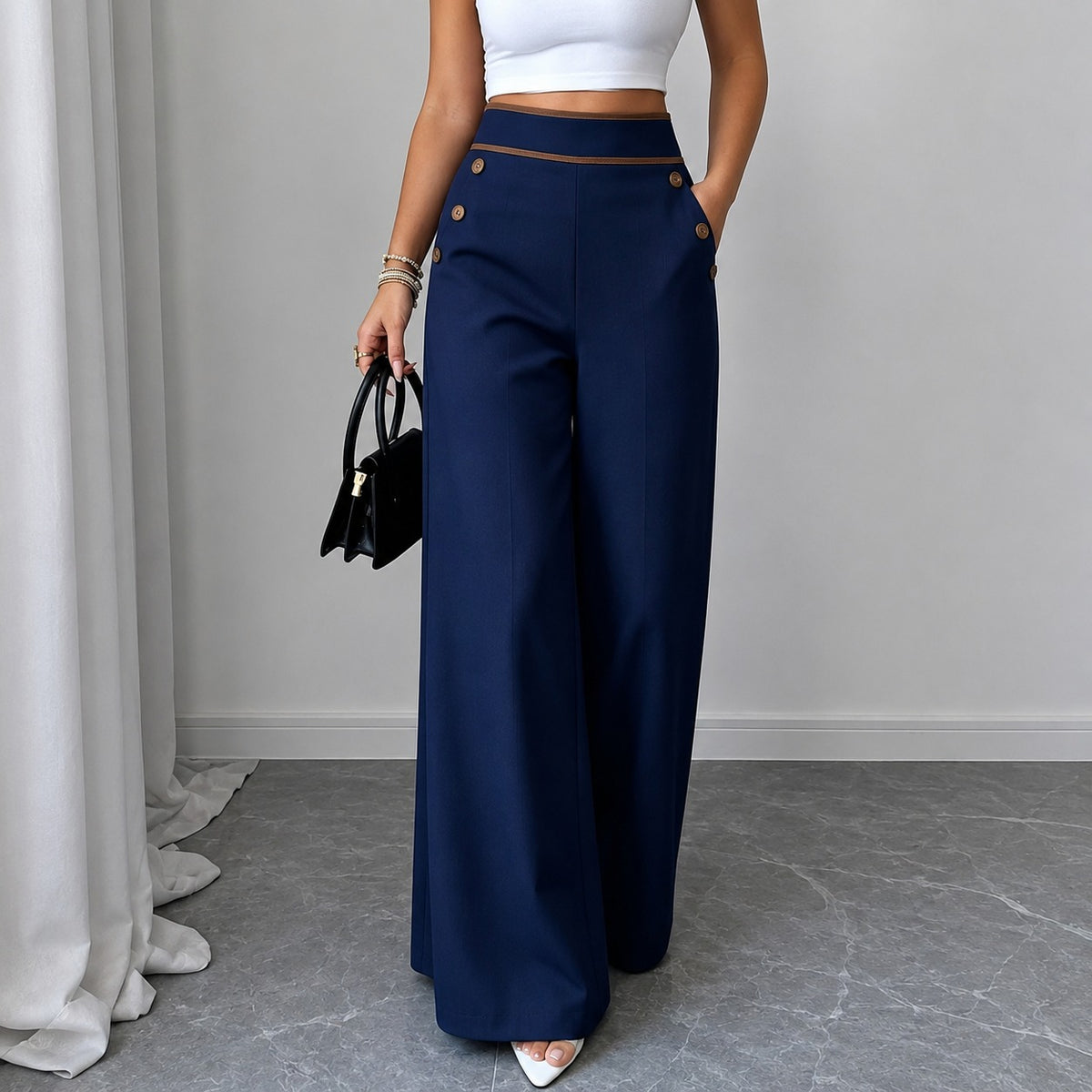 Hose Marlene™ mit Hoher Taille, Kontrastpaspel und Weitem Schnitt