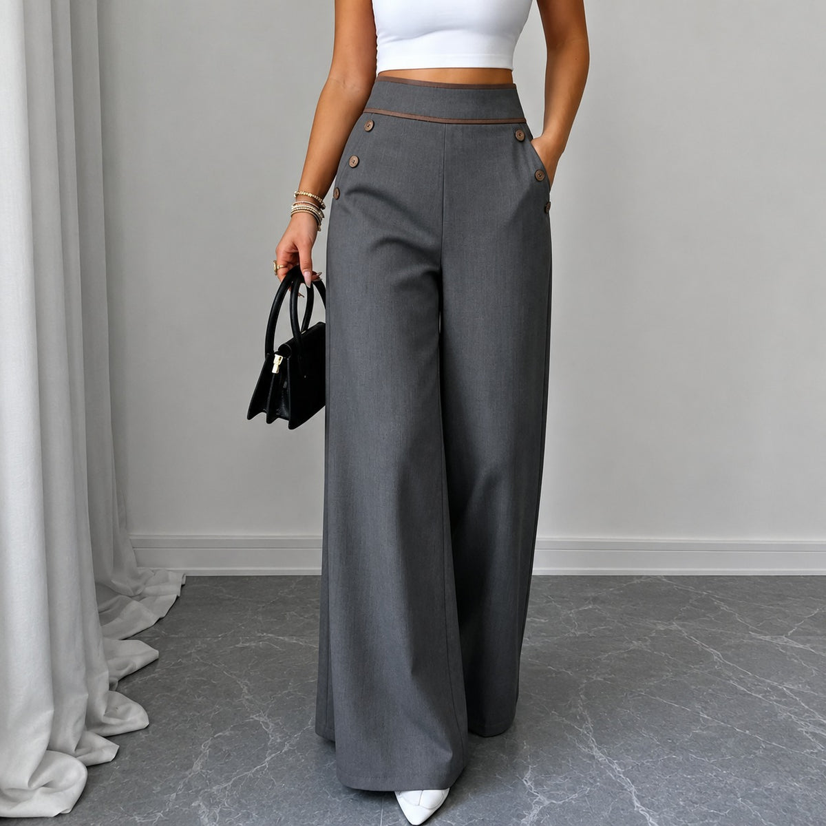 Hose Marlene™ mit Hoher Taille, Kontrastpaspel und Weitem Schnitt