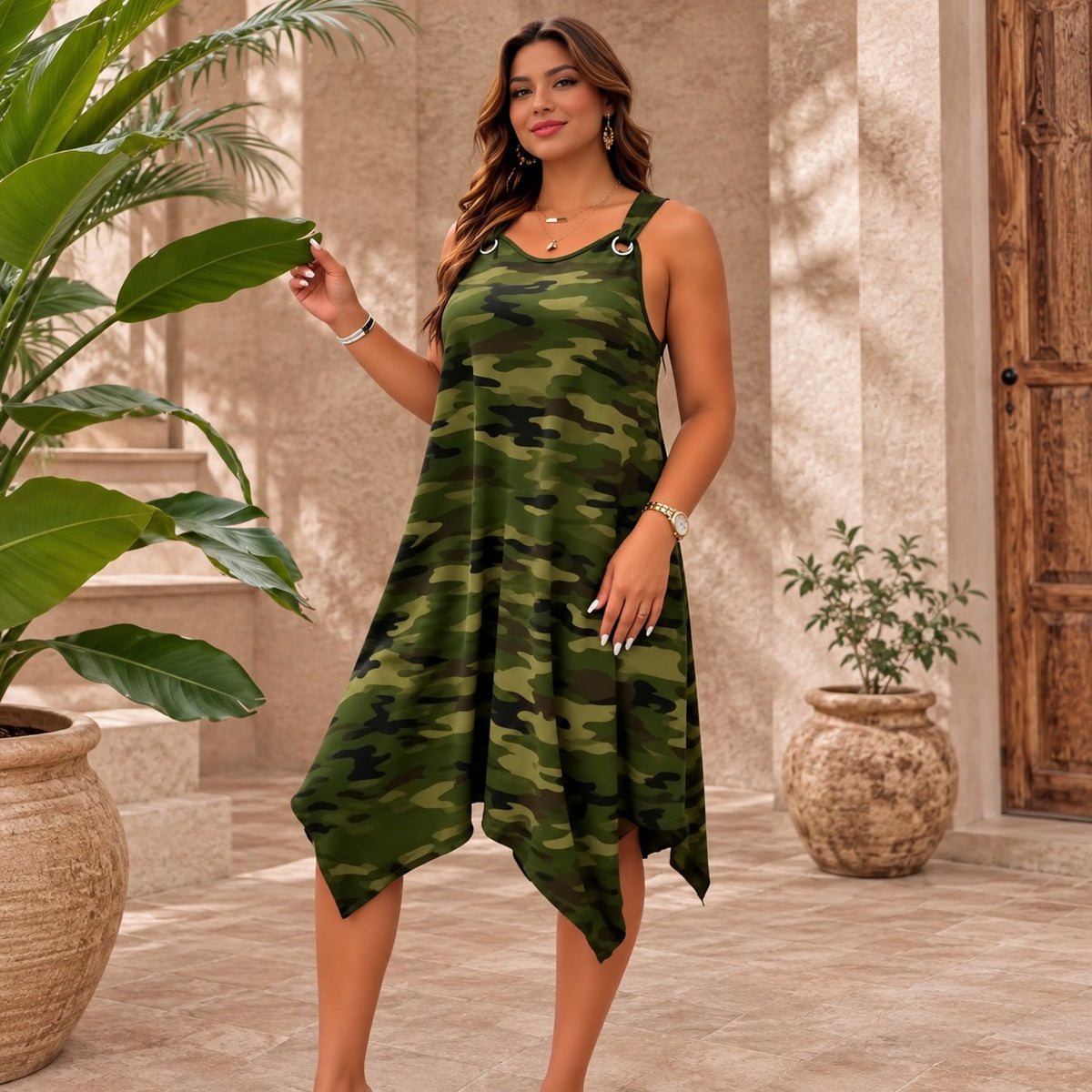 Kleid Linde™ mit Camouflage-Muster, Ringträgern und asymmetrischem Saum