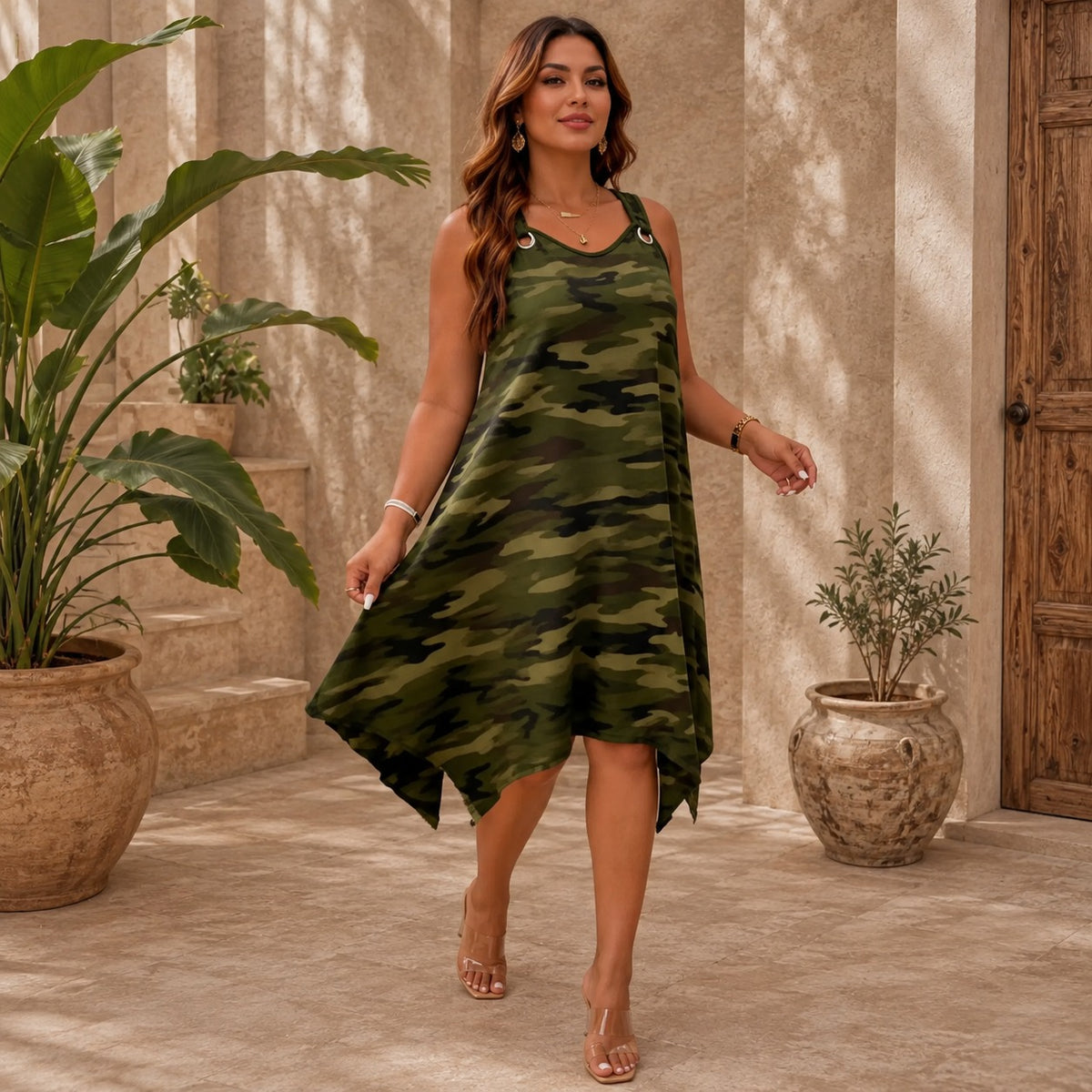 Kleid Linde™ mit Camouflage-Muster, Ringträgern und asymmetrischem Saum