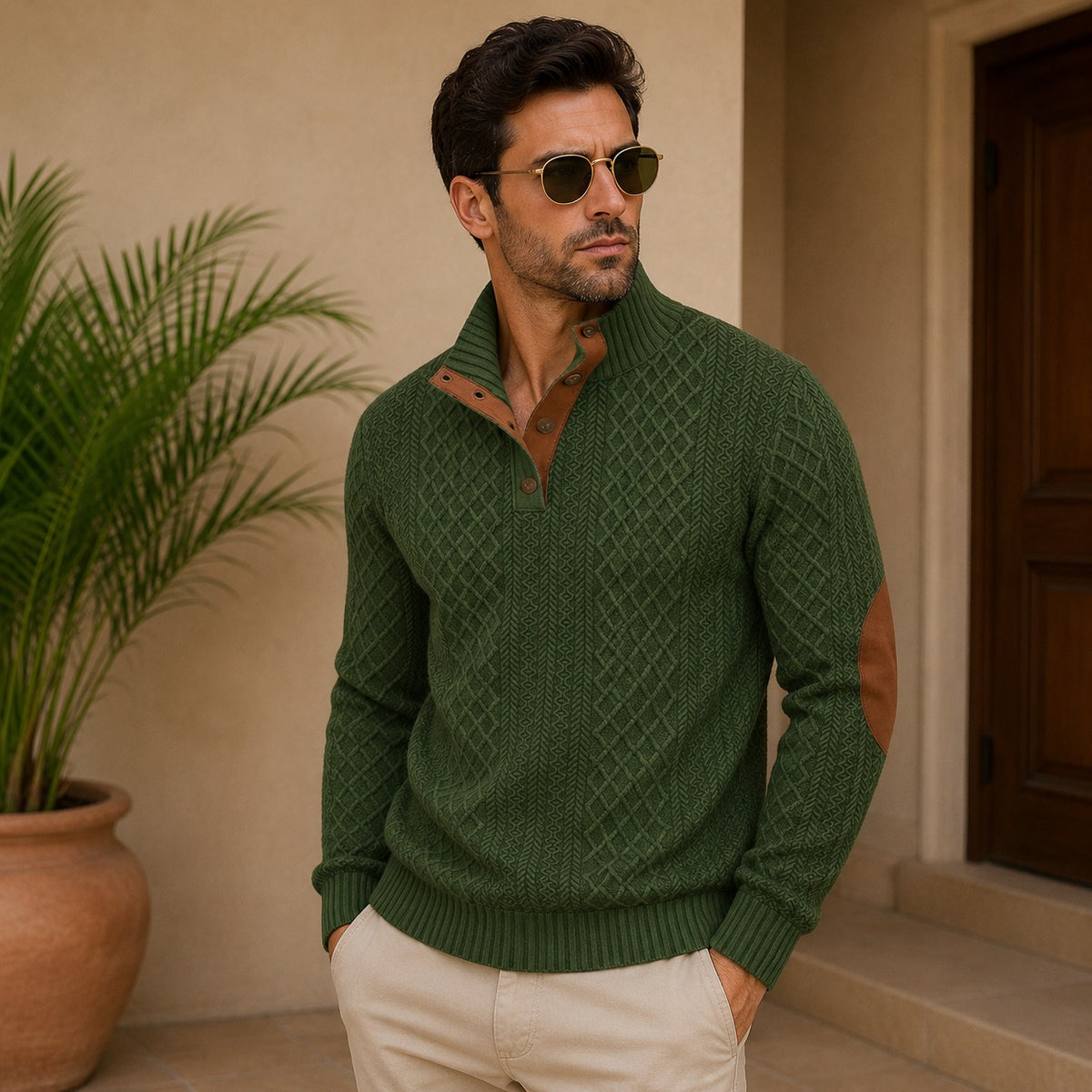 Pullover Albrecht™ mit Strukturmuster, Stehkragen und Ellenbogen-Patches
