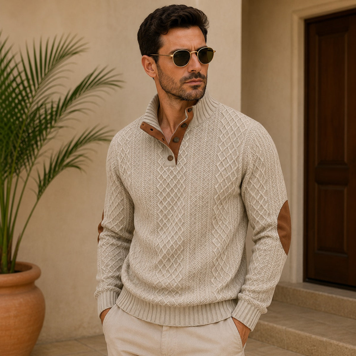 Pullover Albrecht™ mit Strukturmuster, Stehkragen und Ellenbogen-Patches