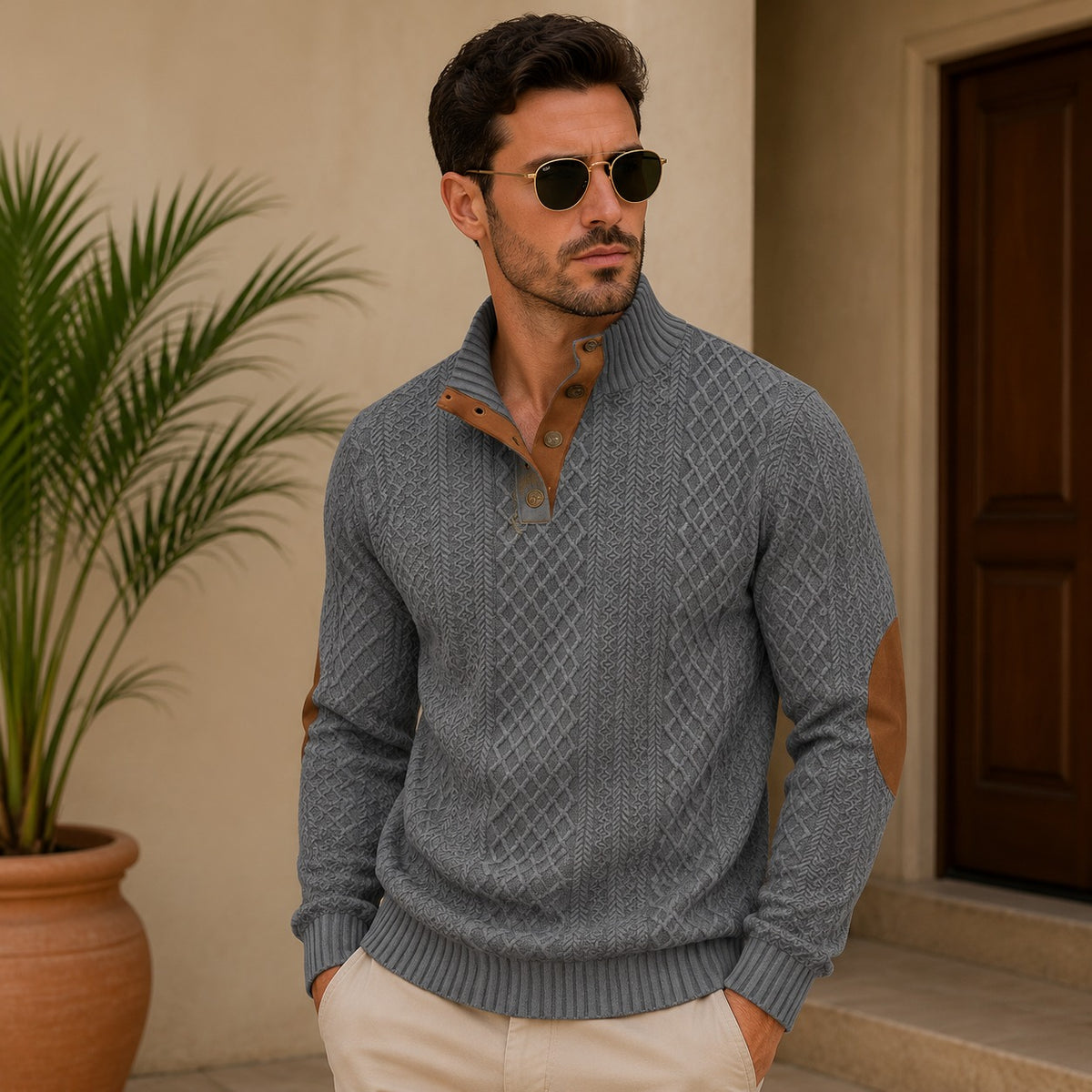 Pullover Albrecht™ mit Strukturmuster, Stehkragen und Ellenbogen-Patches