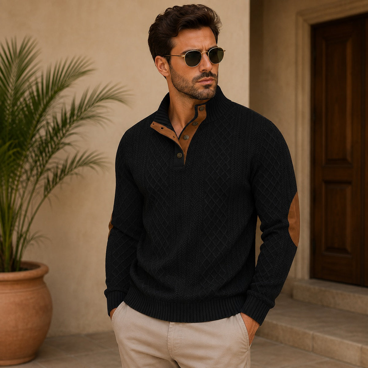 Pullover Albrecht™ mit Strukturmuster, Stehkragen und Ellenbogen-Patches