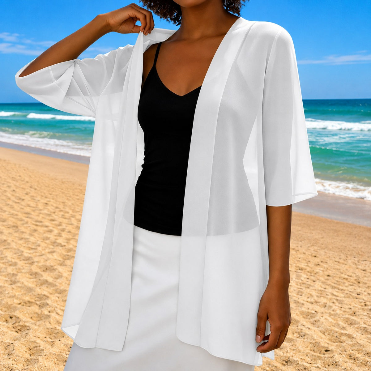 Cardigan Elva™ mit transparentem Stoff, offenem Schnitt und fließendem Fall