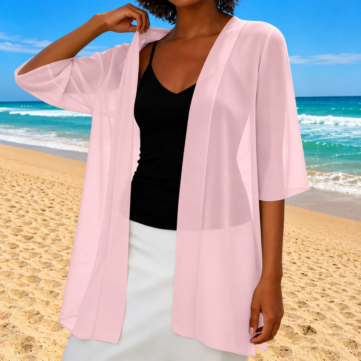 Cardigan Elva™ mit transparentem Stoff, offenem Schnitt und fließendem Fall
