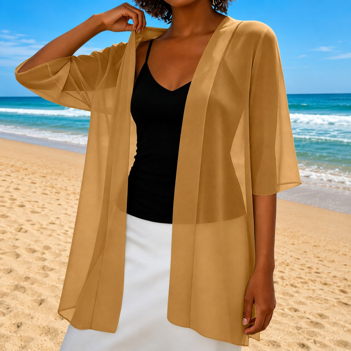 Cardigan Elva™ mit transparentem Stoff, offenem Schnitt und fließendem Fall