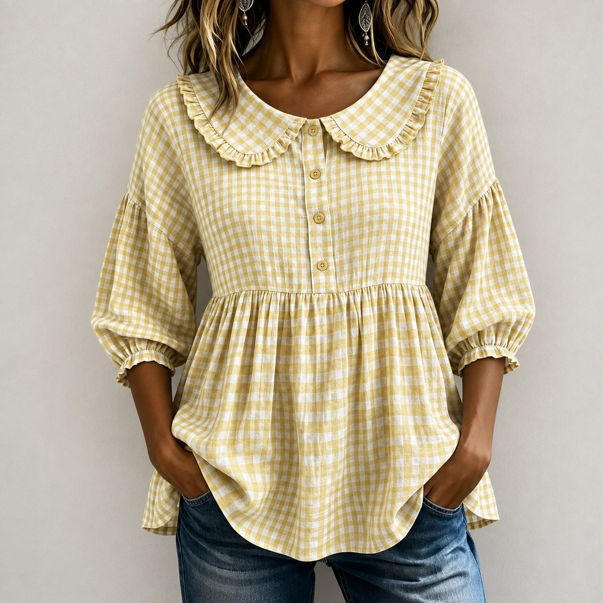 Bluse Luise™ mit Vichy-Karo, Rüschenkragen und Puffärmeln