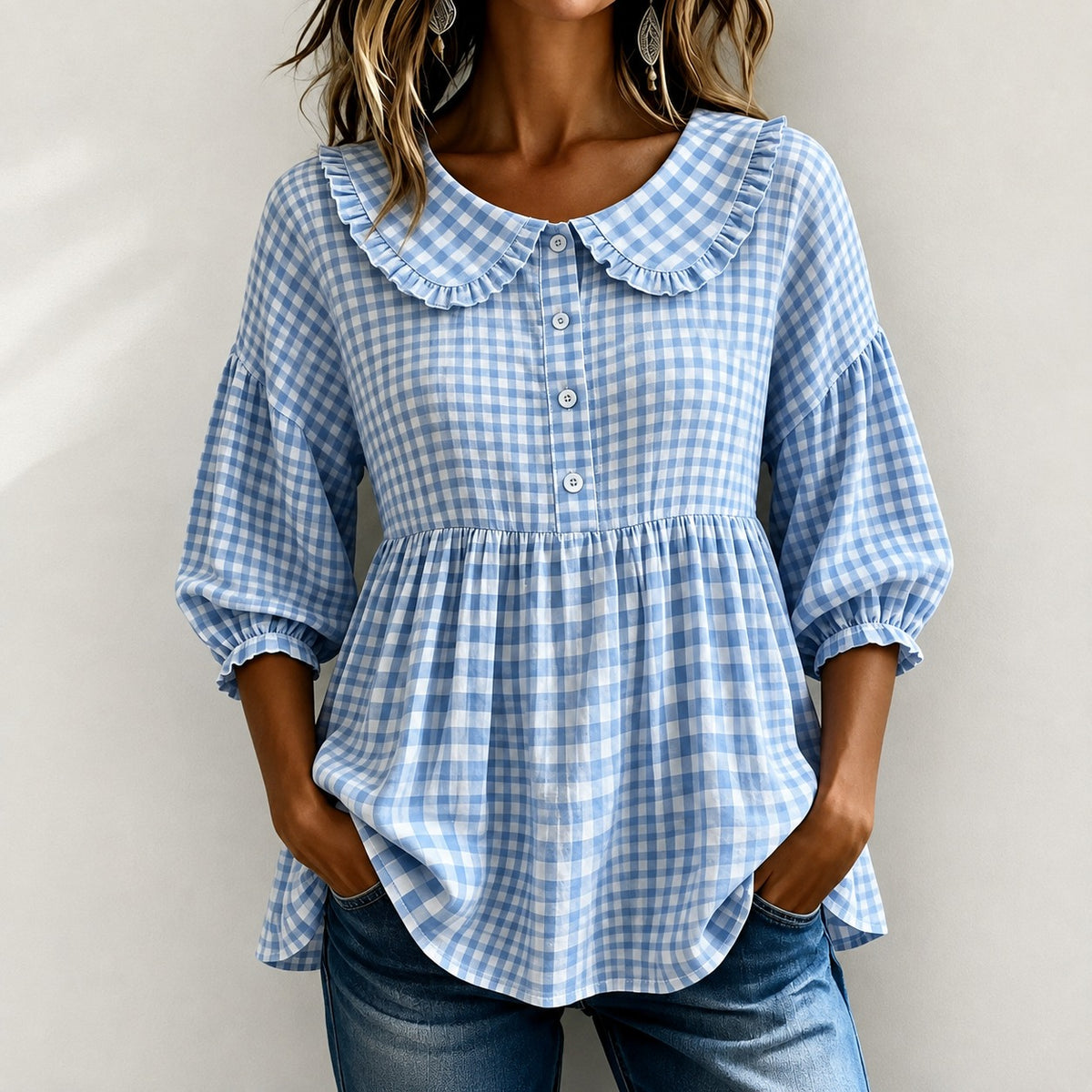 Bluse Luise™ mit Vichy-Karo, Rüschenkragen und Puffärmeln