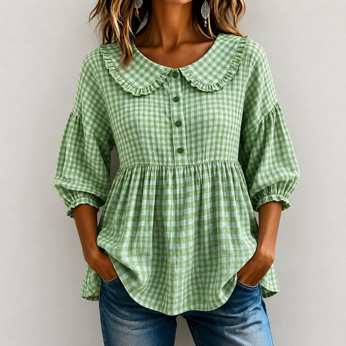 Bluse Luise™ mit Vichy-Karo, Rüschenkragen und Puffärmeln