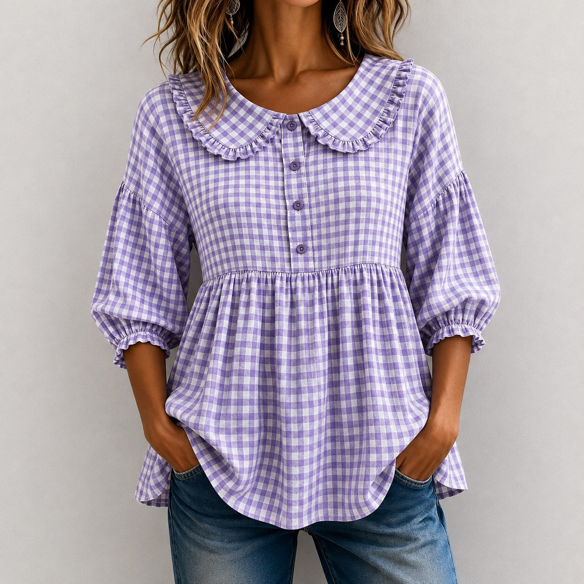 Bluse Luise™ mit Vichy-Karo, Rüschenkragen und Puffärmeln