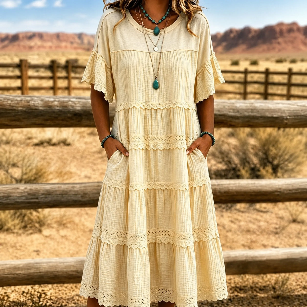 Kleid Heide™ mit Stufenrock, Spitzenbesatz und Seitentaschen