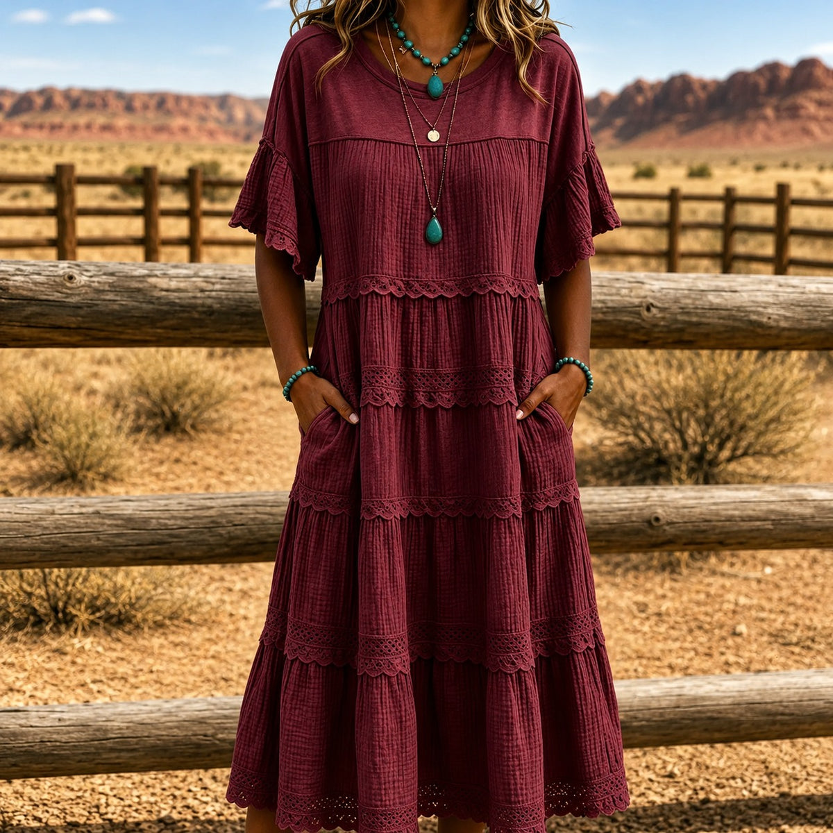 Kleid Heide™ mit Stufenrock, Spitzenbesatz und Seitentaschen