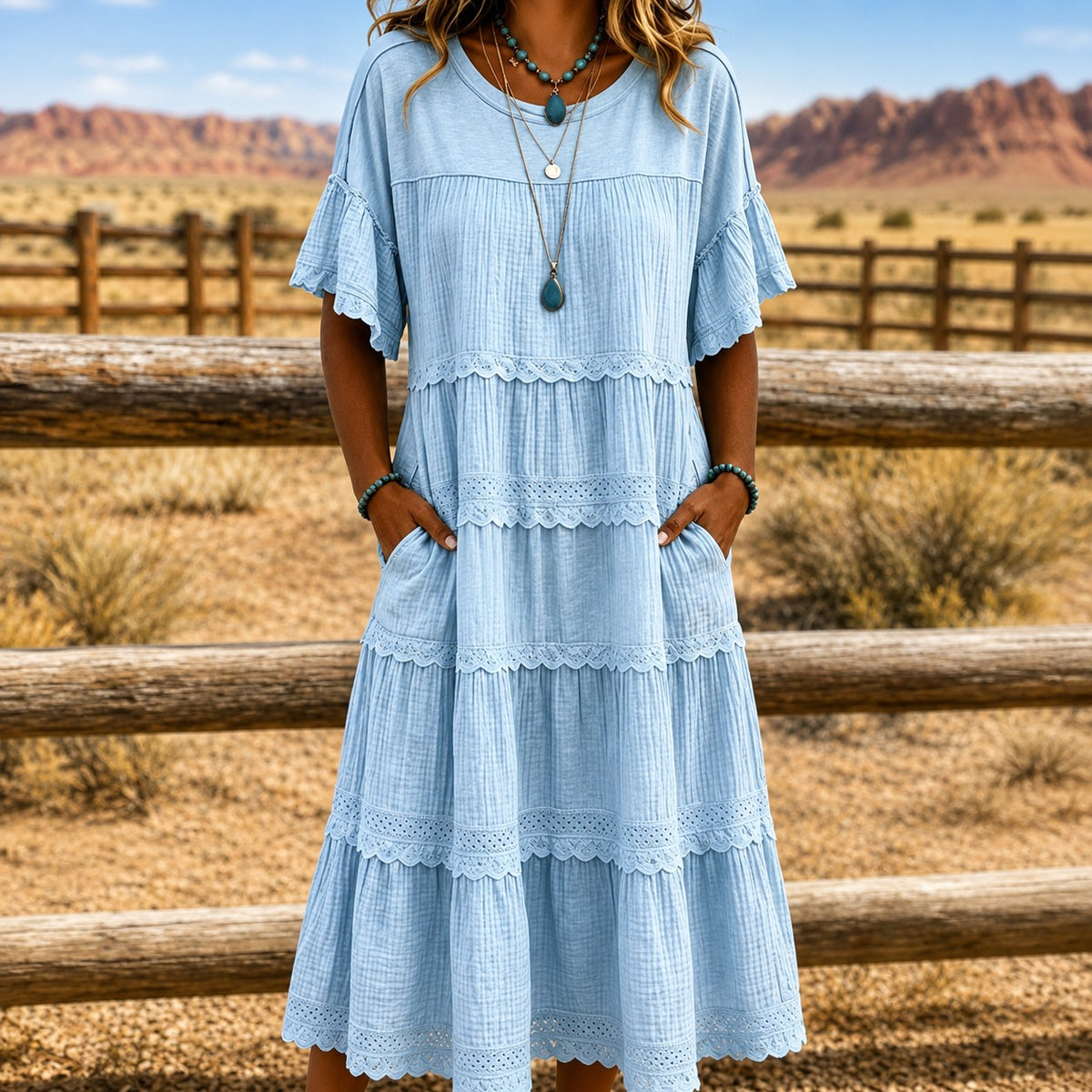 Kleid Heide™ mit Stufenrock, Spitzenbesatz und Seitentaschen