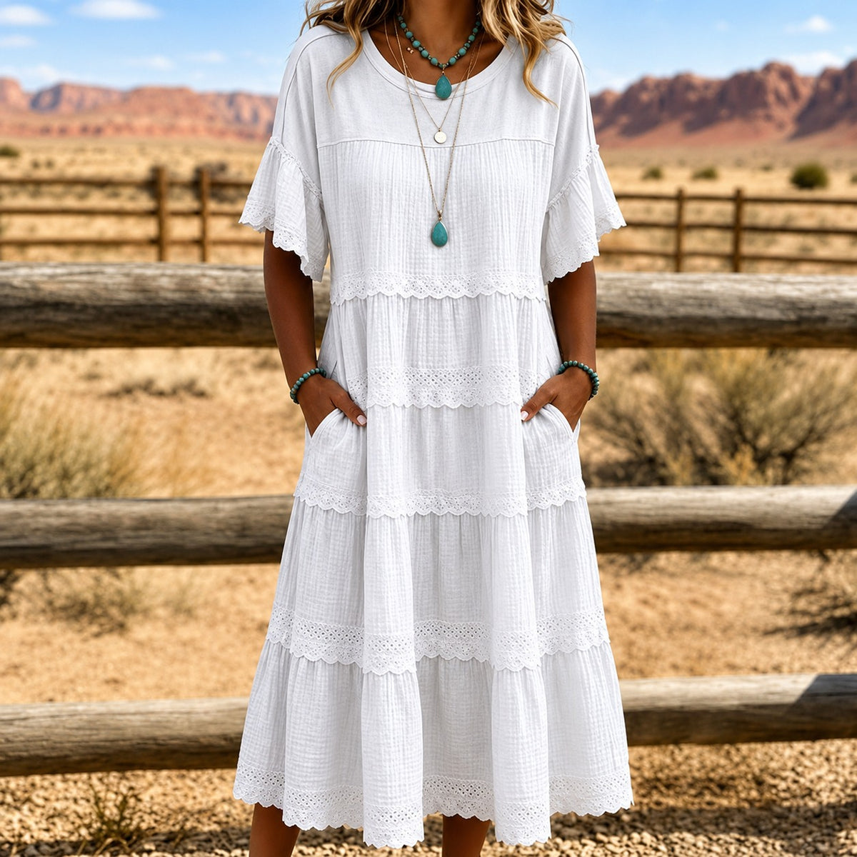 Kleid Heide™ mit Stufenrock, Spitzenbesatz und Seitentaschen