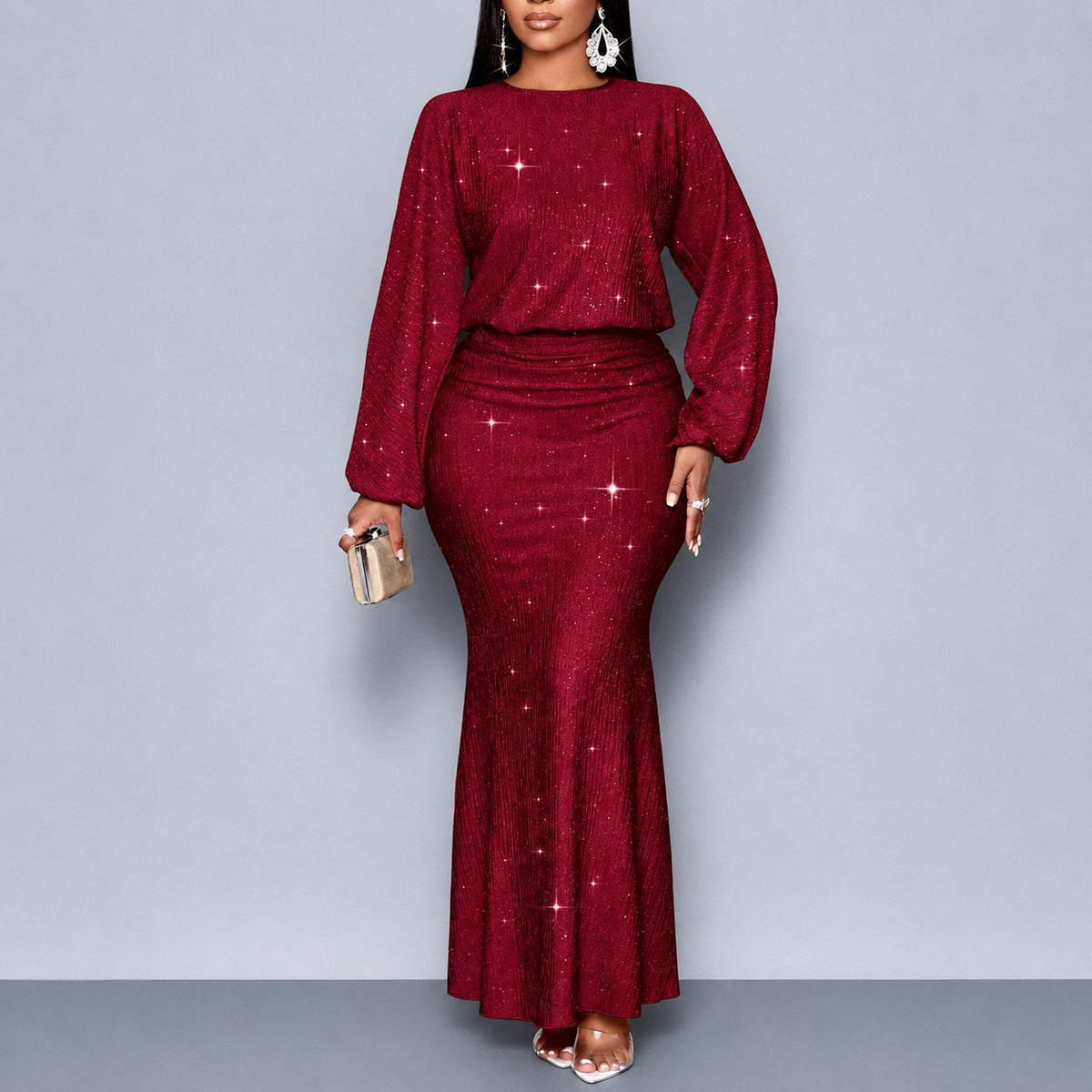 Kleid Annika™ mit Schimmereffekt, betonter Taille und langen Ärmeln