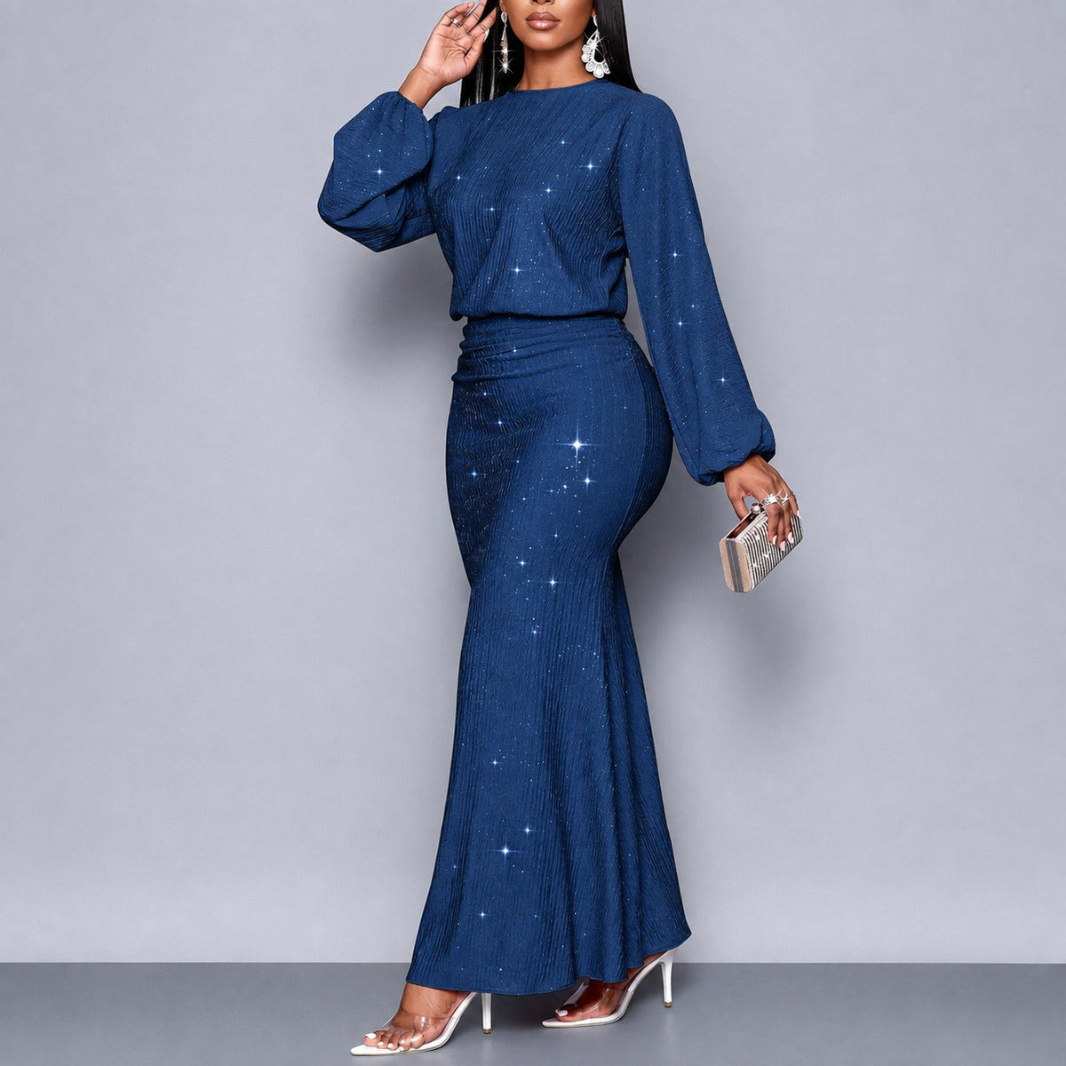 Kleid Annika™ mit Schimmereffekt, betonter Taille und langen Ärmeln