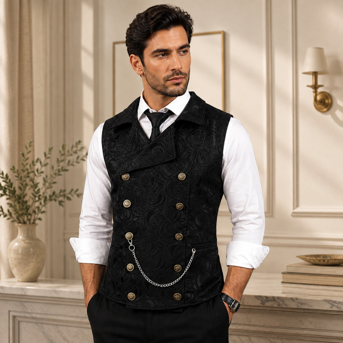 Ehrenberg™ Anzugweste mit floralem Jacquardmuster, zweireihigem Verschluss und Metalldetails