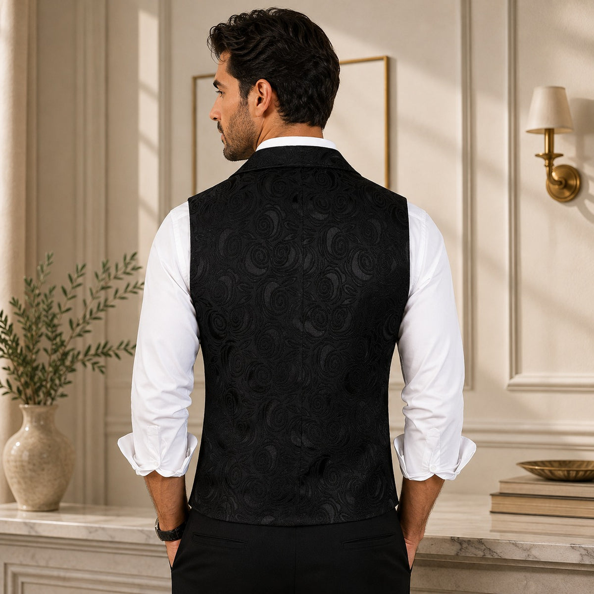 Ehrenberg™ Anzugweste mit floralem Jacquardmuster, zweireihigem Verschluss und Metalldetails