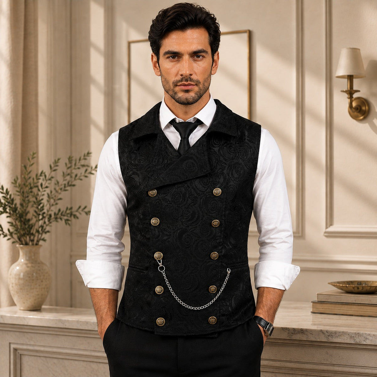 Ehrenberg™ Anzugweste mit floralem Jacquardmuster, zweireihigem Verschluss und Metalldetails