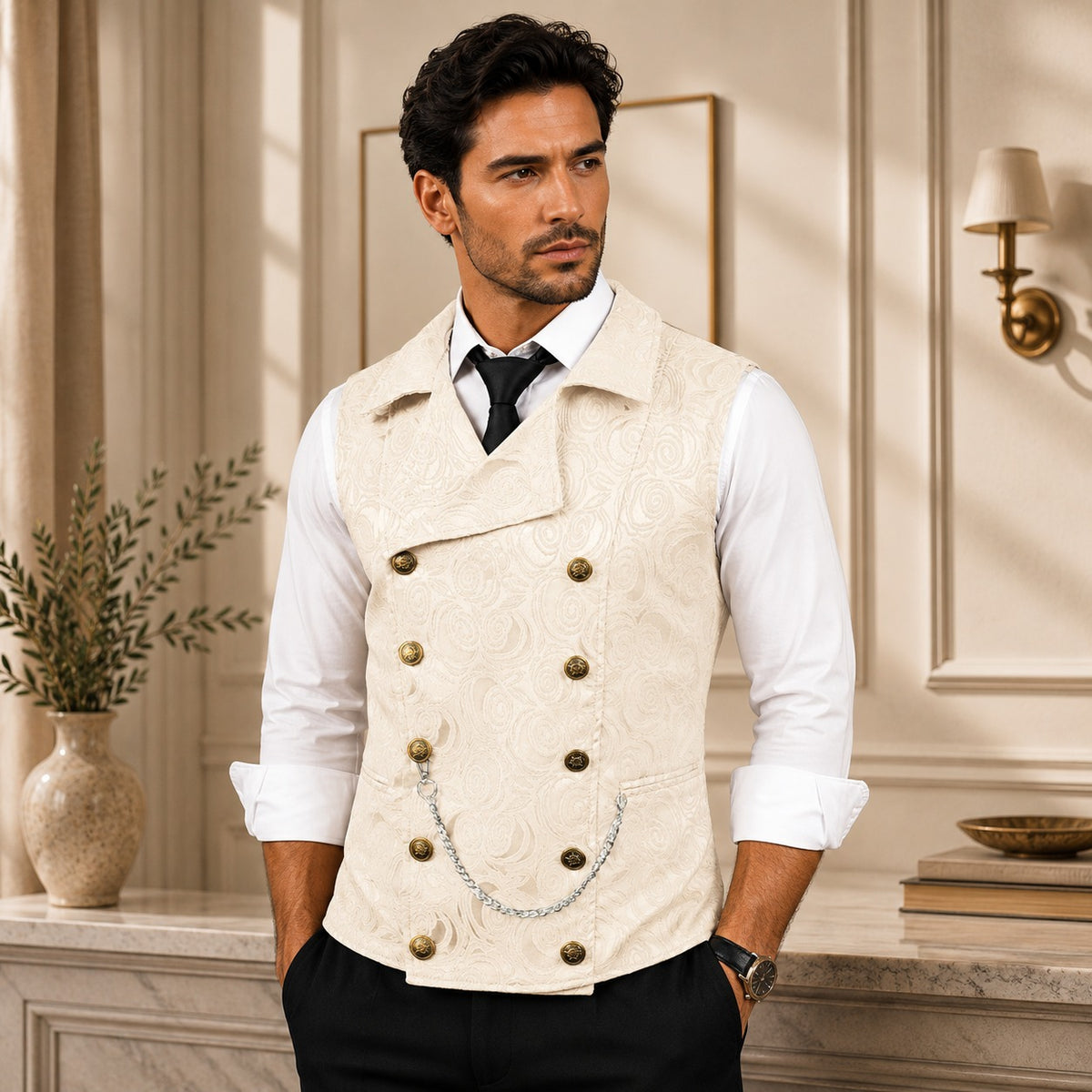 Ehrenberg™ Anzugweste mit floralem Jacquardmuster, zweireihigem Verschluss und Metalldetails