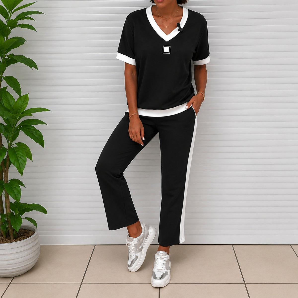 Set Greta™ mit kontrastierendem Ausschnitt und gerader Hose