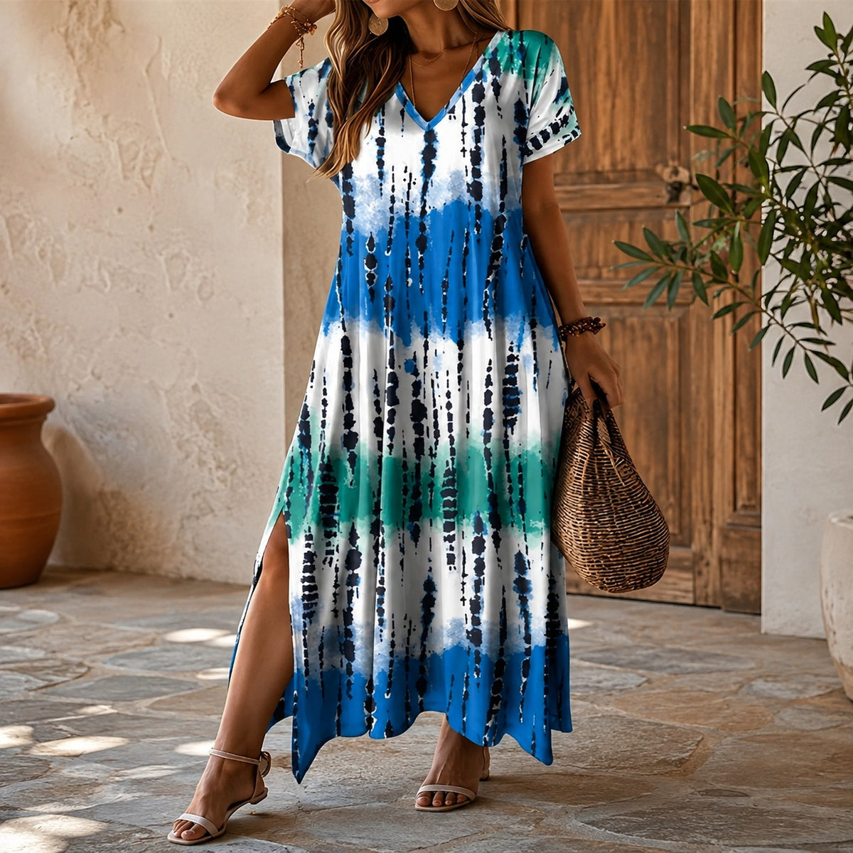 Verena™ Maxikleid mit ornamentalem Muster, V-Ausschnitt und Seitenschlitzen