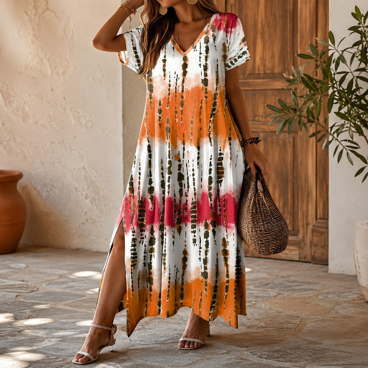 Verena™ Maxikleid mit ornamentalem Muster, V-Ausschnitt und Seitenschlitzen