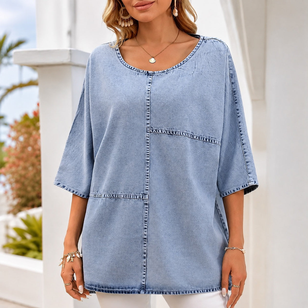Bluse Mirelle™ mit minimalistischem Design, lockerem Schnitt und Rundhalsausschnitt